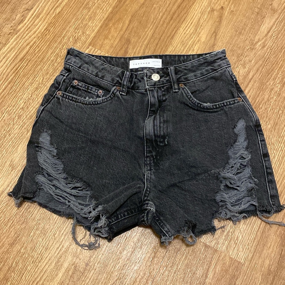 Topshop Black Distressed High Waisted Denim Shorts Cut-off